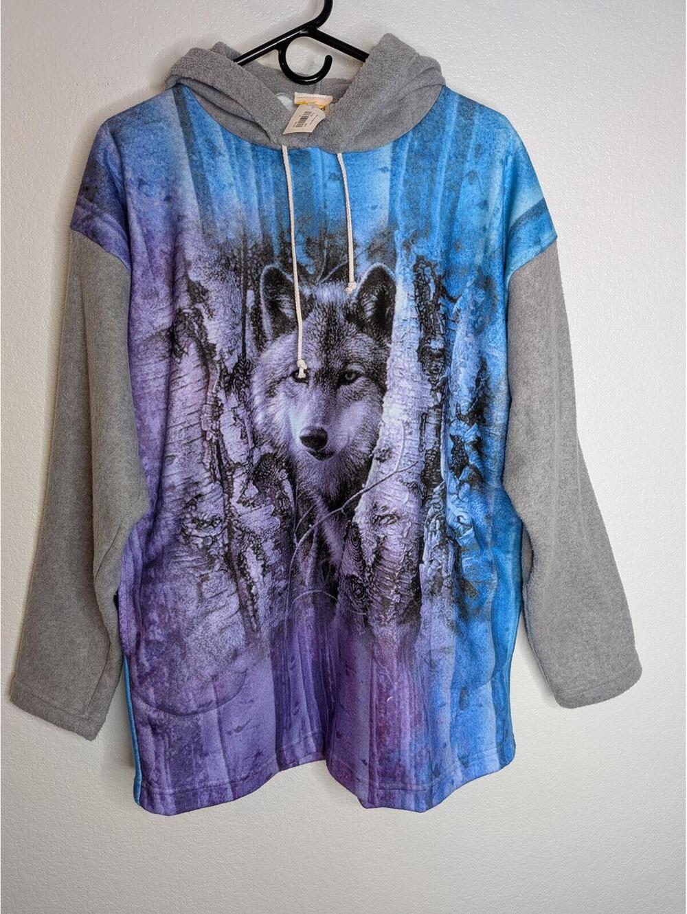 Sunshirt Wolf Graphic Hooded Fleece Pullover Hoodie Gray Blue Purple Size XL NWT